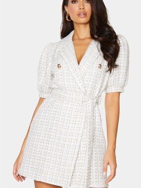 PrettyLittleThing Cream Tweed Wrap Mini Dress with Gold Buttons